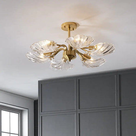 Modern 6 - Bulb Shell Glass Ceiling Light In Brass For Bedroom