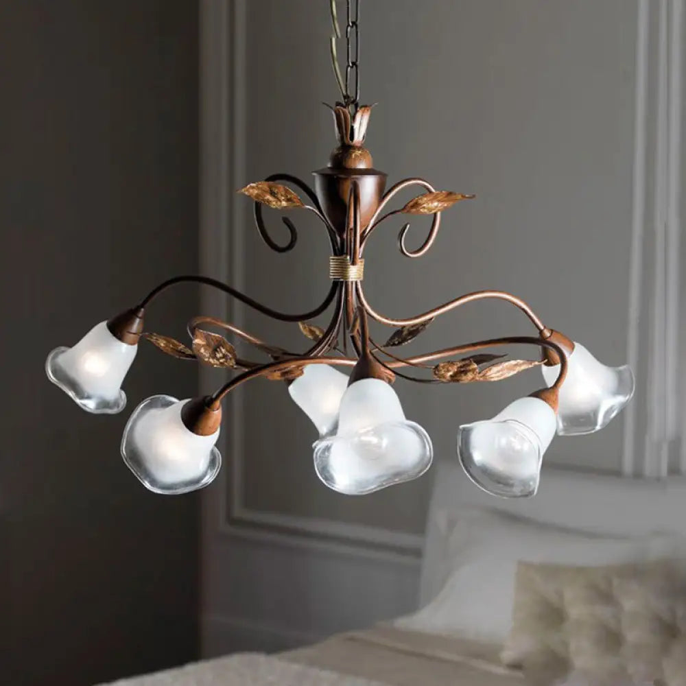 Modern 6-Light Bedroom Chandelier: Red Brown Pendant Light With Frosted Flower Glass Shade