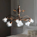 Modern 6-Light Bedroom Chandelier: Red Brown Pendant Light With Frosted Flower Glass Shade