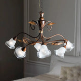 Modern 6-Light Bedroom Chandelier: Red Brown Pendant Light With Frosted Flower Glass Shade