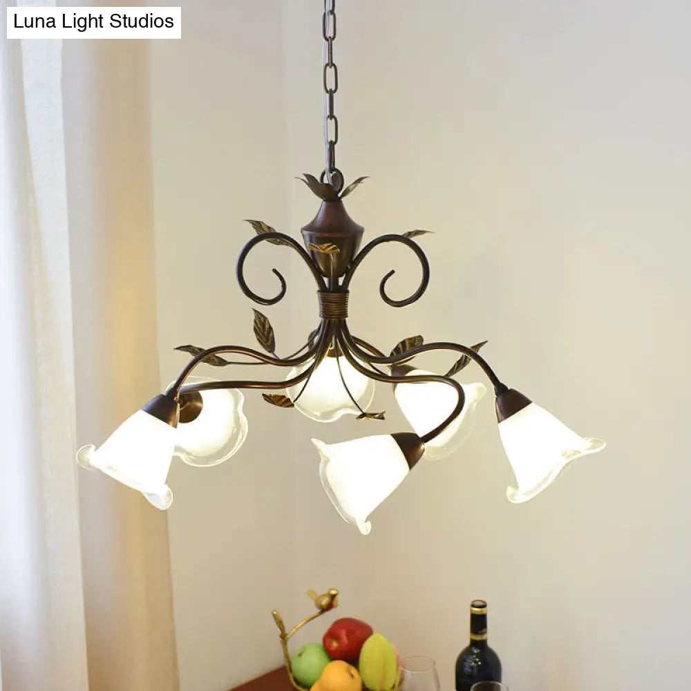 Modern 6-Light Bedroom Chandelier: Red Brown Pendant Light With Frosted Flower Glass Shade