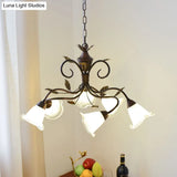 Modern 6-Light Bedroom Chandelier: Red Brown Pendant Light With Frosted Flower Glass Shade