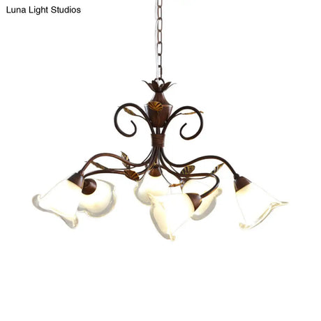 Modern 6-Light Bedroom Chandelier: Red Brown Pendant Light With Frosted Flower Glass Shade
