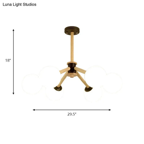 Modern 6-Light Grape Chandelier With Wood Branch And White Glass