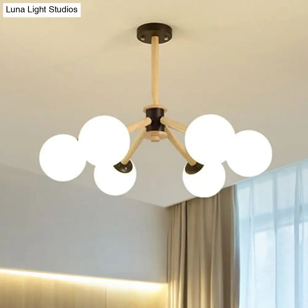 Modern 6-Light Grape Chandelier With Wood Branch And White Glass