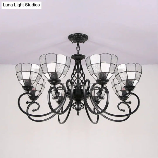 Tiffany 8-Light Bowl Hanging Chandelier With Curved Black Arm - White Indoor Pendant For Hall