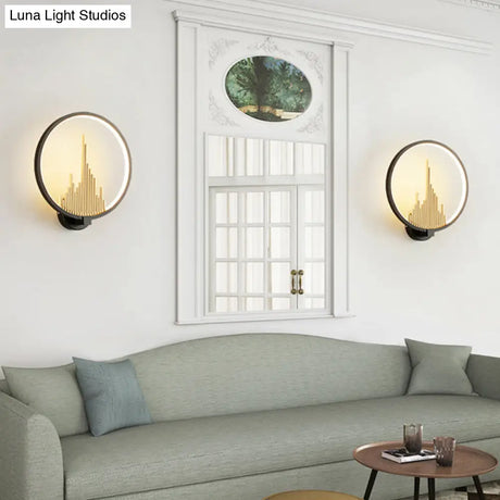 Modern Acrylic Halo-Ring Led Sconce Light In Black/White With Mountain Pattern - Warm Lighting