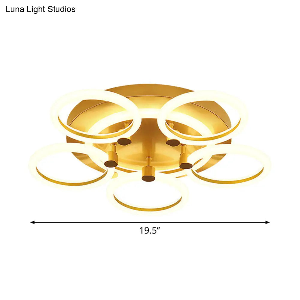 Modern Acrylic Halo Ring Semi Flushmount - Gold Finish Led Lighting 5 Heads Close To Ceiling