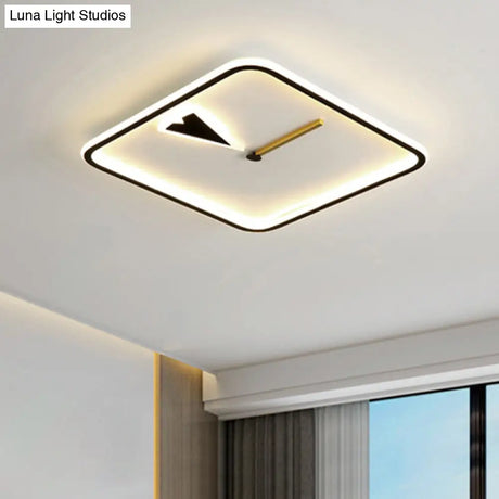 Modern Acrylic Led Bedroom Flushmount With Clock Design - Round/Square Black/Gold