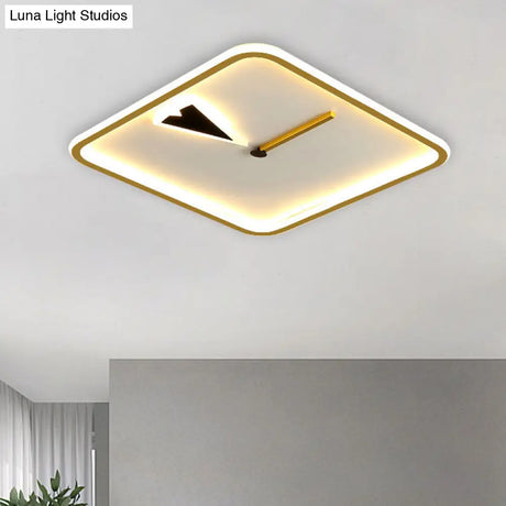 Modern Acrylic Led Bedroom Flushmount With Clock Design - Round/Square Black/Gold