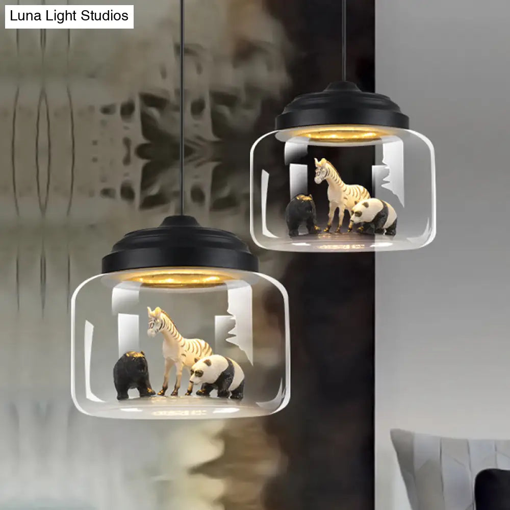 Modern Adjustable Glass Cylinder Bedroom Pendant Lamp With Animal Decor (Random Shipment)