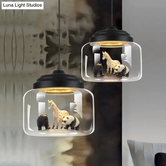 Modern Adjustable Glass Cylinder Bedroom Pendant Lamp With Animal Decor (Random Shipment)
