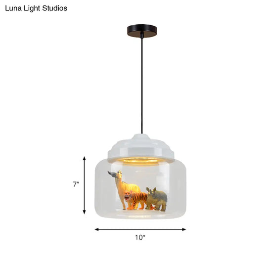 Modern Adjustable Glass Cylinder Bedroom Pendant Lamp With Animal Decor (Random Shipment)