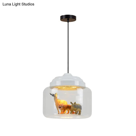Modern Adjustable Glass Cylinder Bedroom Pendant Lamp With Animal Decor (Random Shipment)