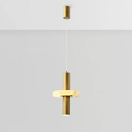 Modern Aluminum Led Pendant Light Fixture In Gold With Marble Ring Deco - Elegant Dining Room