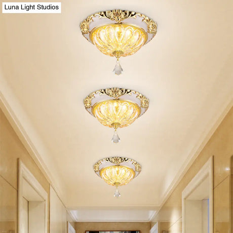 Modern Amber Crystal Glass Led Ceiling Flush Mount With Gold Carved Edge