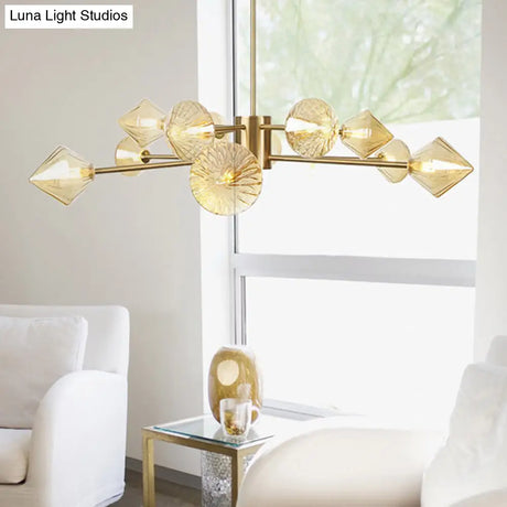 Modern Amber Glass Diamond Chandelier - 12 Head Bedroom Light Fixture