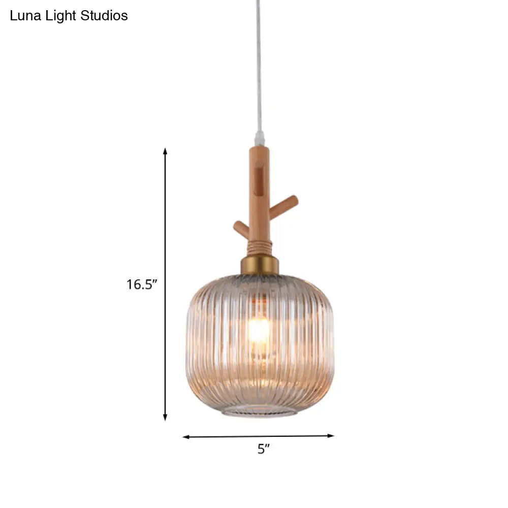 Modern Amber Ribbed Glass Drum Pendant Light - Stylish Ceiling Lamp For Kitchen Island With Wood