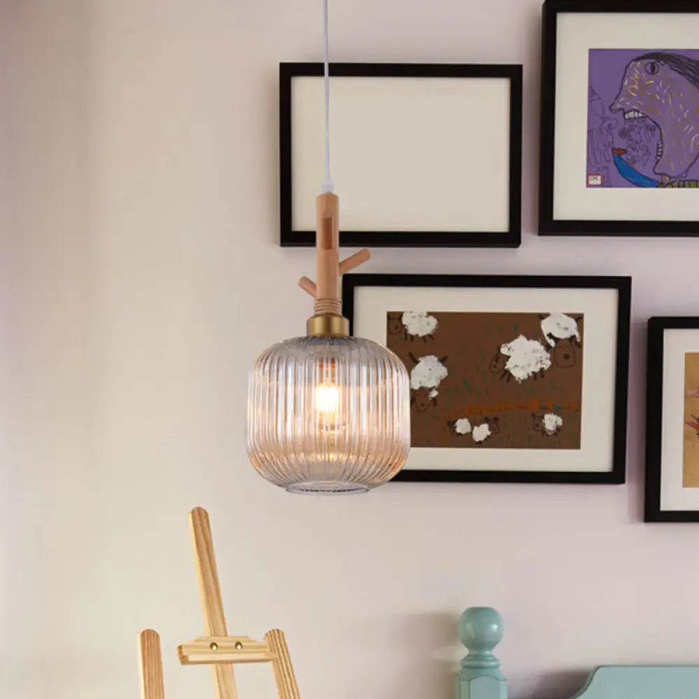 Modern Amber Glass Drum Hanging Light - Kitchen Island Ceiling Lamp With Wood Branch Top