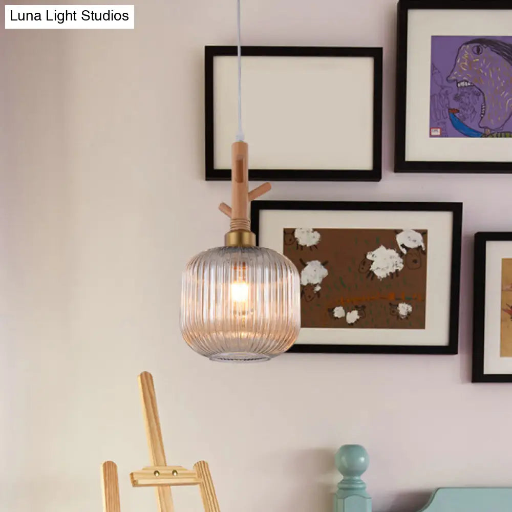 Modern Amber Ribbed Glass Drum Pendant Light - Stylish Ceiling Lamp For Kitchen Island With Wood