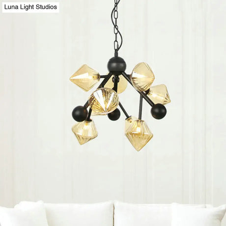Modern Amber Glass Pyramid Chandelier - 9 Head Pendant Light For Dining Room Ceiling