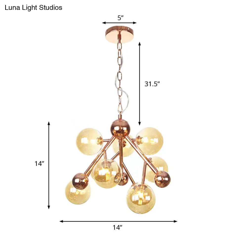 Modern Amber Glass Spherical 9-Light Chandelier For Living Room Ceiling