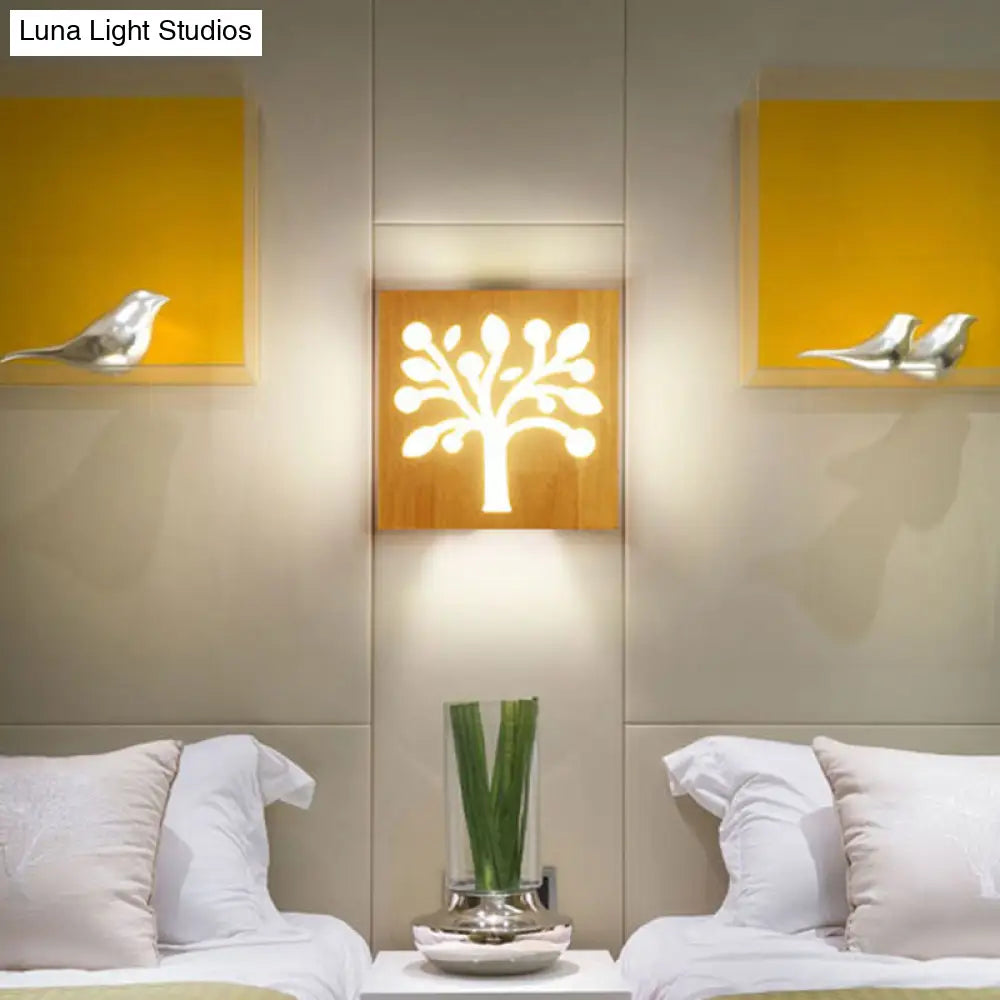 Modern Art Deco Led Wall Sconce - Square Flush Mount Wooden Corridor Light Fixture