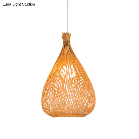 Modern Asian Bamboo Shade Pendant Ceiling Light With Wood Teardrop Design