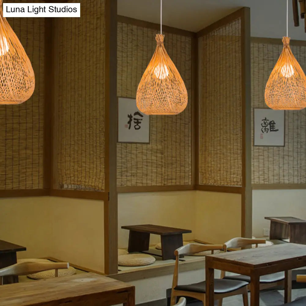 Modern Asian Bamboo Shade Pendant Ceiling Light With Wood Teardrop Design