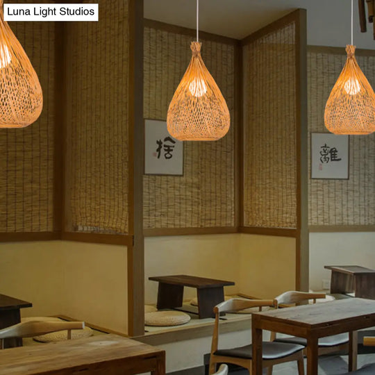 Modern Asian Bamboo Shade Pendant Ceiling Light With Wood Teardrop Design