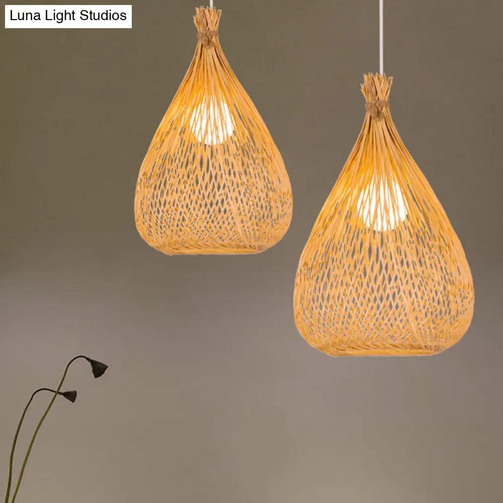 Modern Asian Bamboo Shade Pendant Ceiling Light With Wood Teardrop Design