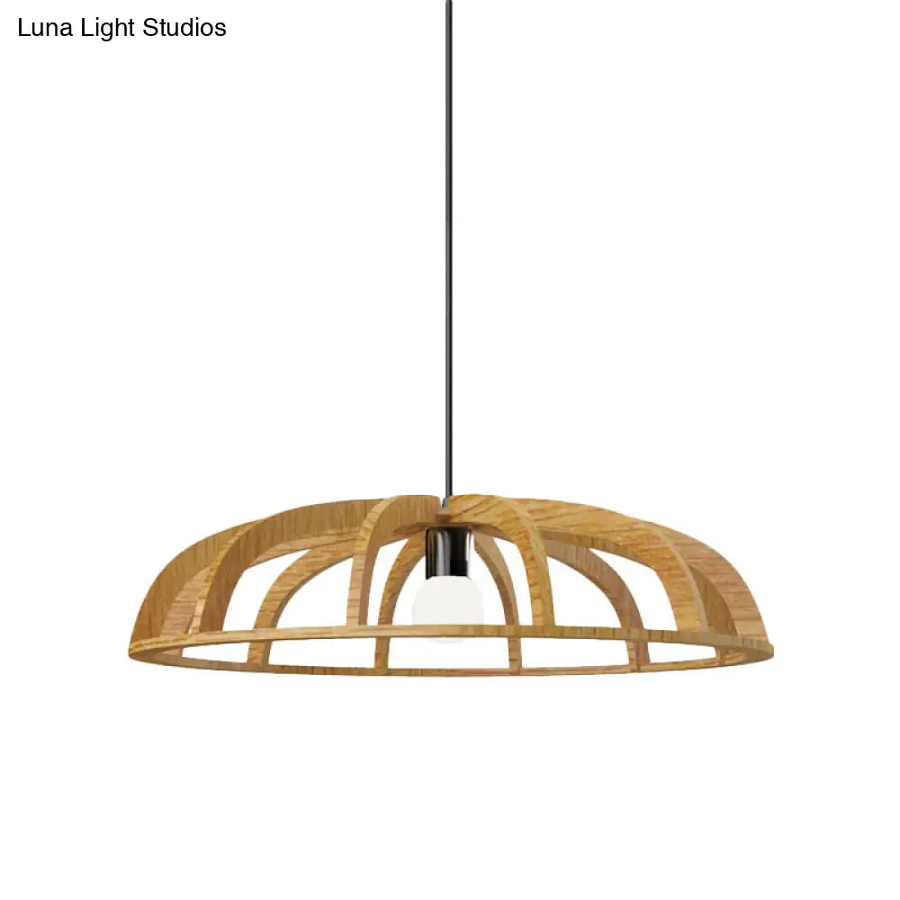 Modern Asian-Inspired Wood Pendant Light With Flat Bowl Frame And 1 Bulb For Hallways