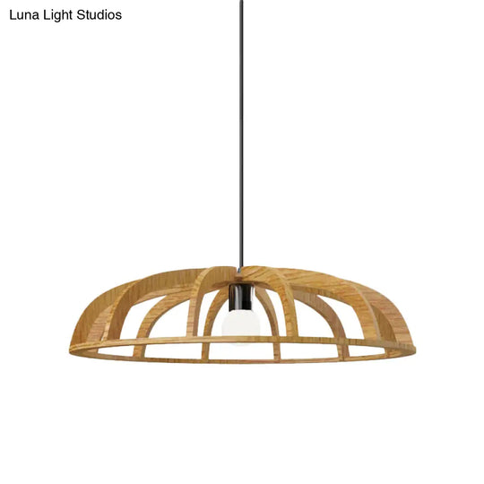 Modern Asian-Inspired Wood Pendant Light With Flat Bowl Frame And 1 Bulb For Hallways