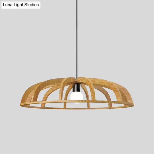 Modern Asian-Inspired Wood Pendant Light With Flat Bowl Frame And 1 Bulb For Hallways
