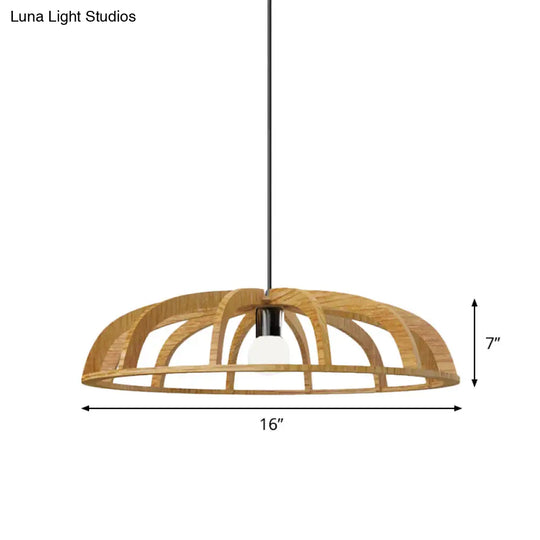 Modern Asian-Inspired Wood Pendant Light With Flat Bowl Frame And 1 Bulb For Hallways