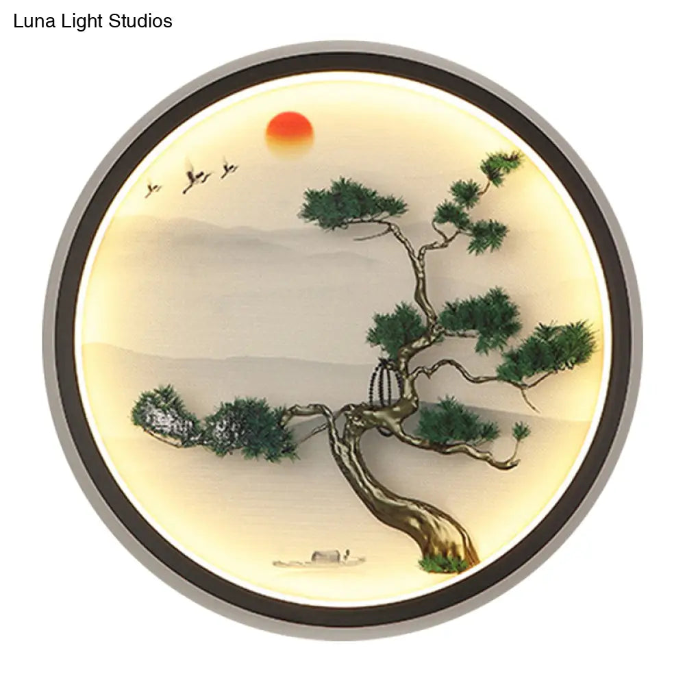 Modern Asian Metal Led Wall Lamp With Green Pine Mural And Black Round Frame