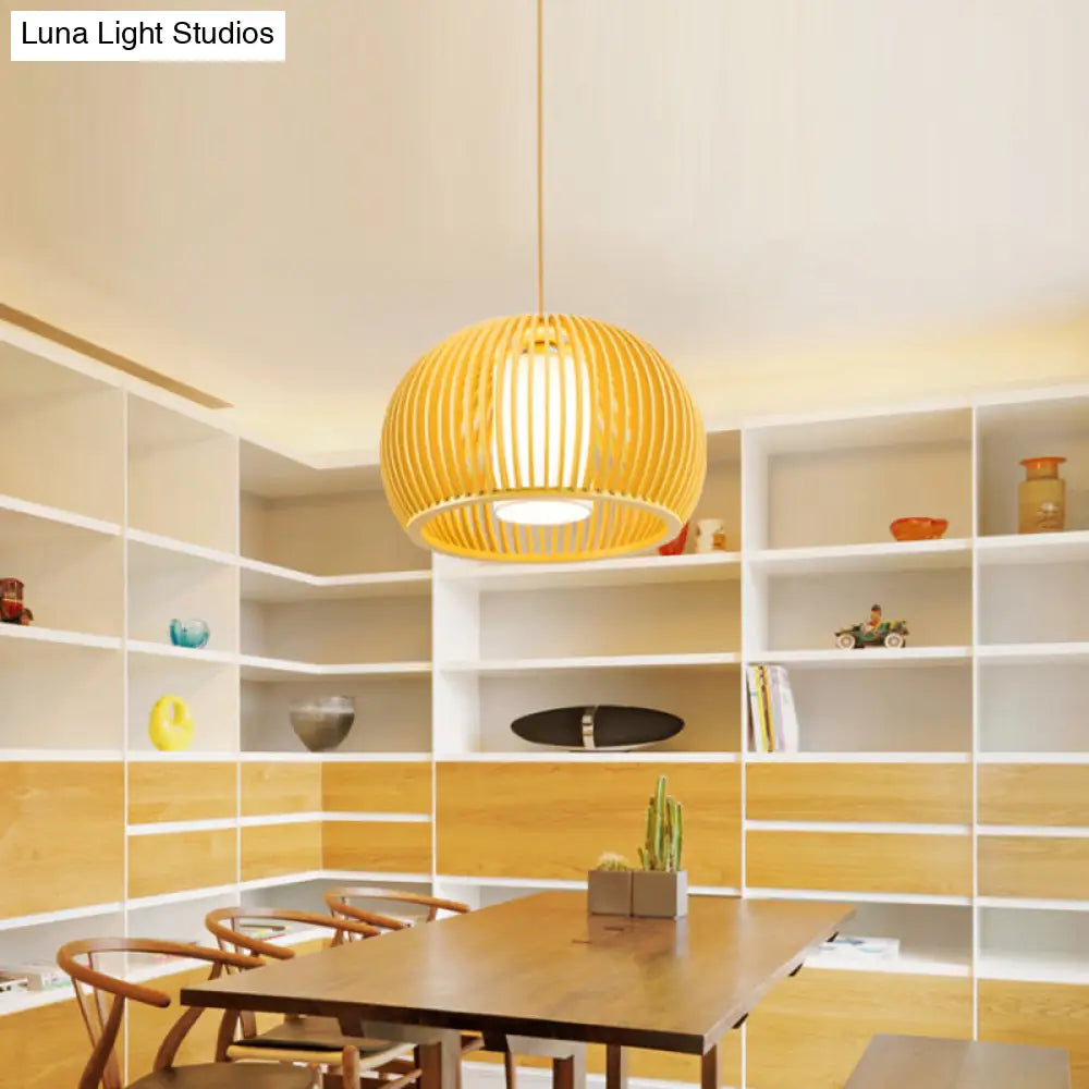 Modern Asian Pendant Light: Wooden Dome Shade For Restaurant Dining Room