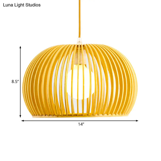 Modern Asian Pendant Light: Wooden Dome Shade For Restaurant Dining Room