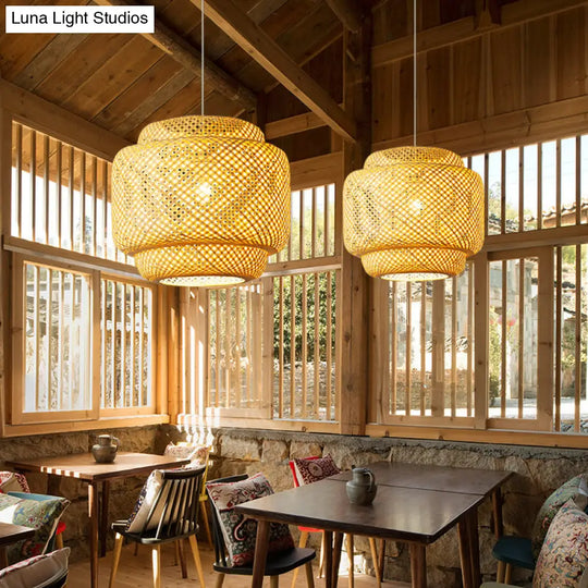 Modern Bamboo Ceiling Pendant Light - Single Hanging Fixture For Restaurants In Wood