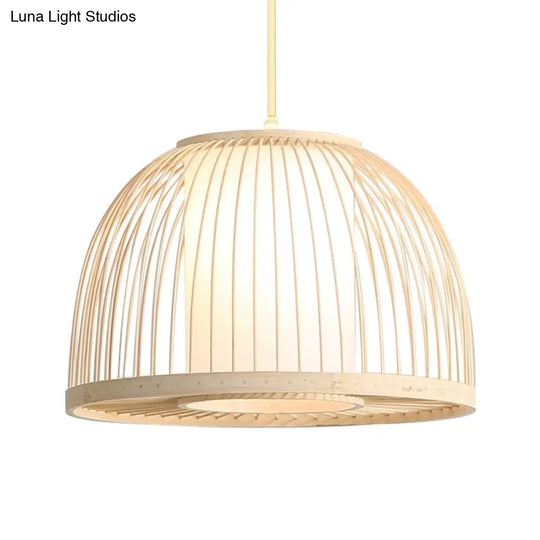 Modern Bamboo Dome Pendant Lamp With Inner Fabric Shade - Wood Ceiling Light 1 Bulb 14/16 Wide