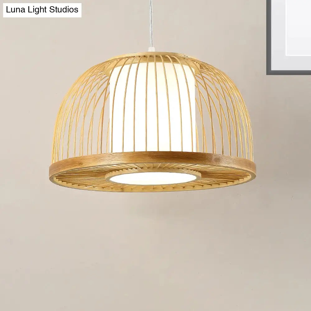 Modern Bamboo Dome Pendant Lamp With Inner Fabric Shade - Wood Ceiling Light 1 Bulb 14/16 Wide