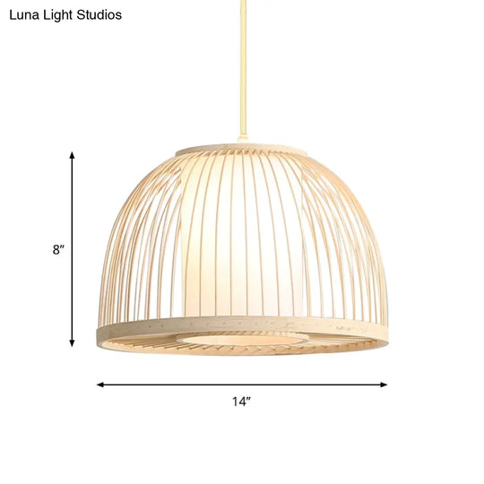 Modern Bamboo Dome Pendant Lamp With Inner Fabric Shade - Wood Ceiling Light 1 Bulb 14/16 Wide