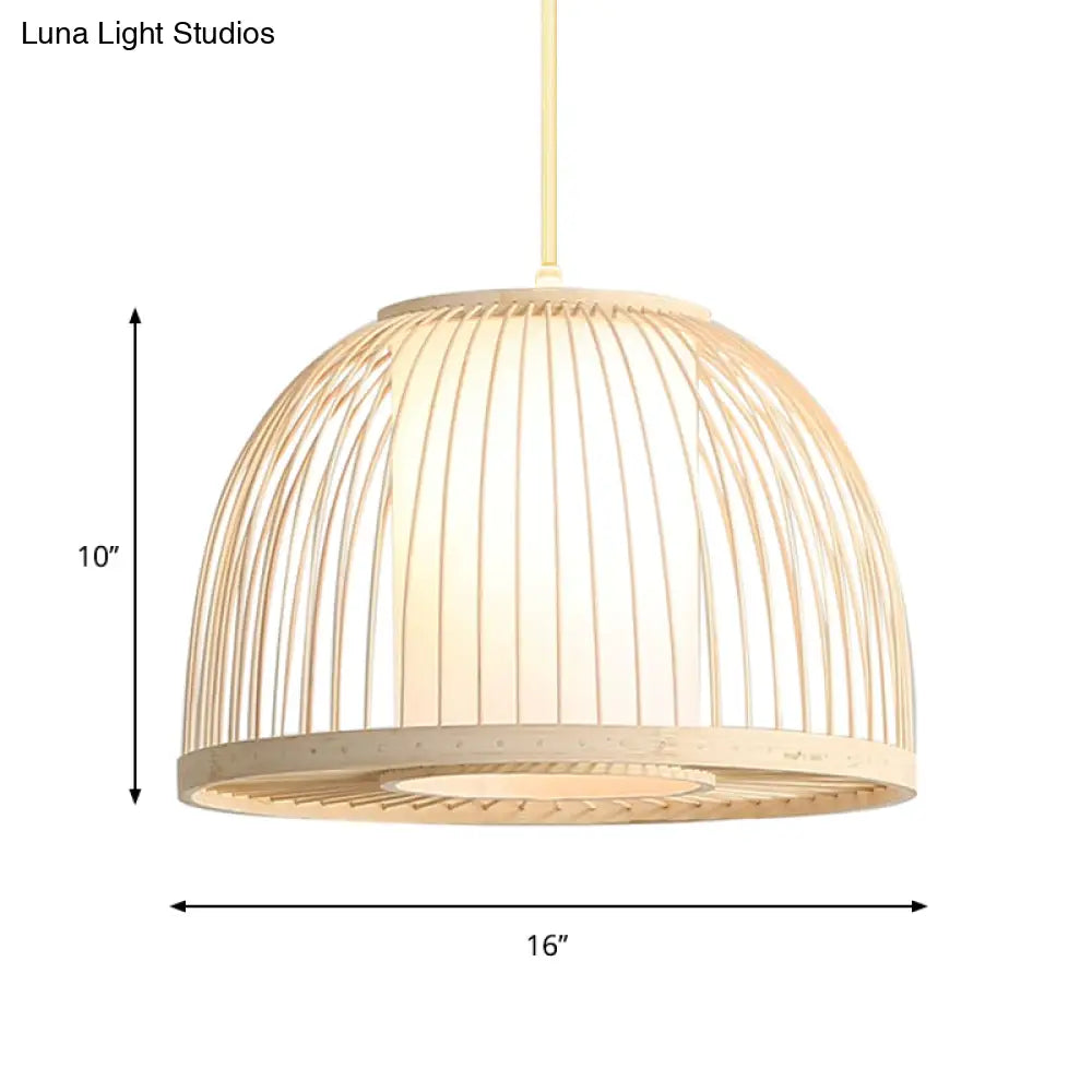 Modern Bamboo Dome Pendant Lamp With Inner Fabric Shade - Wood Ceiling Light 1 Bulb 14/16 Wide