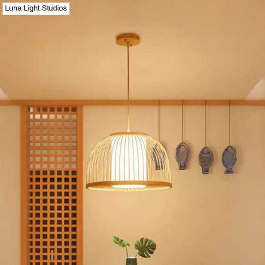 Modern Bamboo Dome Pendant Lamp With Inner Fabric Shade - Wood Ceiling Light 1 Bulb 14/16 Wide
