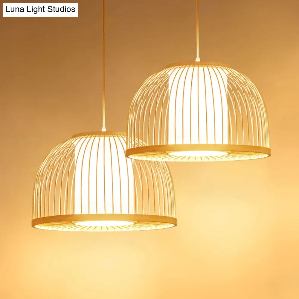 Modern Bamboo Dome Pendant Lamp With Inner Fabric Shade - Wood Ceiling Light 1 Bulb 14/16 Wide