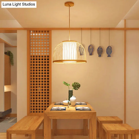 Modern Bamboo Dome Pendant Lamp With Inner Fabric Shade - Wood Ceiling Light 1 Bulb 14/16 Wide