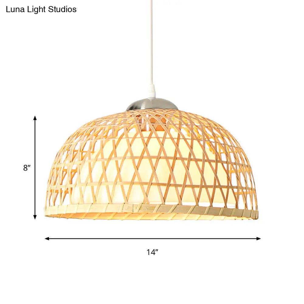 Contemporary Bamboo Dome Pendant Light Fixture For Dining Room - 1 Bulb Hanging Wood Lighting