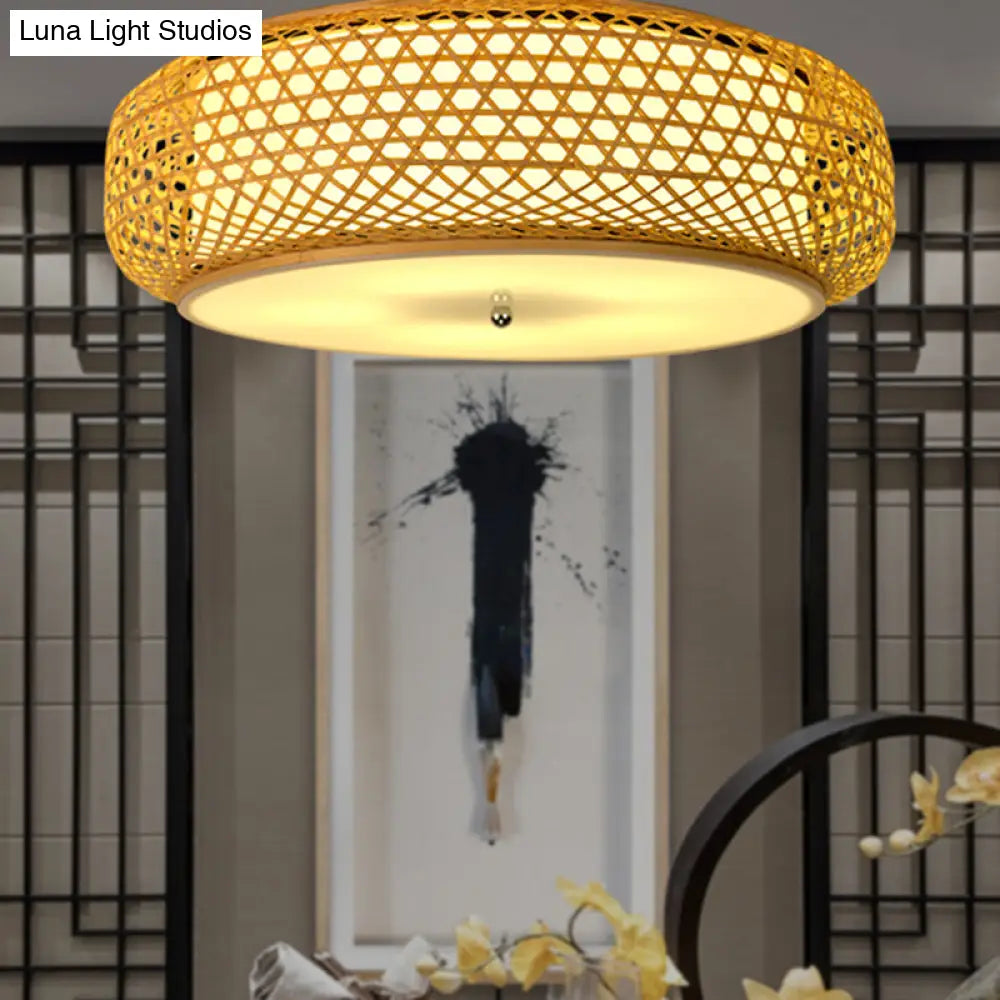 Modern Bamboo Flush Mount Ceiling Light Fixture For Dining Room - Wood Finish / 16’