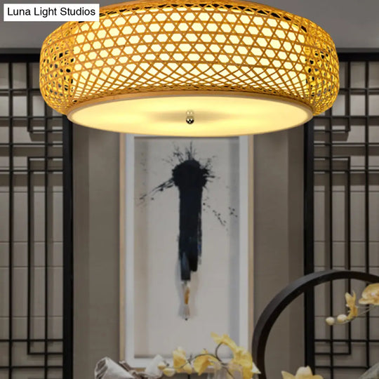 Modern Bamboo Flush Mount Ceiling Light Fixture For Dining Room - Wood Finish / 16’