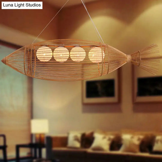 Modern Bamboo Wood Chandelier Light Fixture With Fish-Inspired Ceiling Lighting - 4 Bulbs